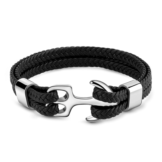 Black Anchor Leather Men's Bracelet with Steel_1