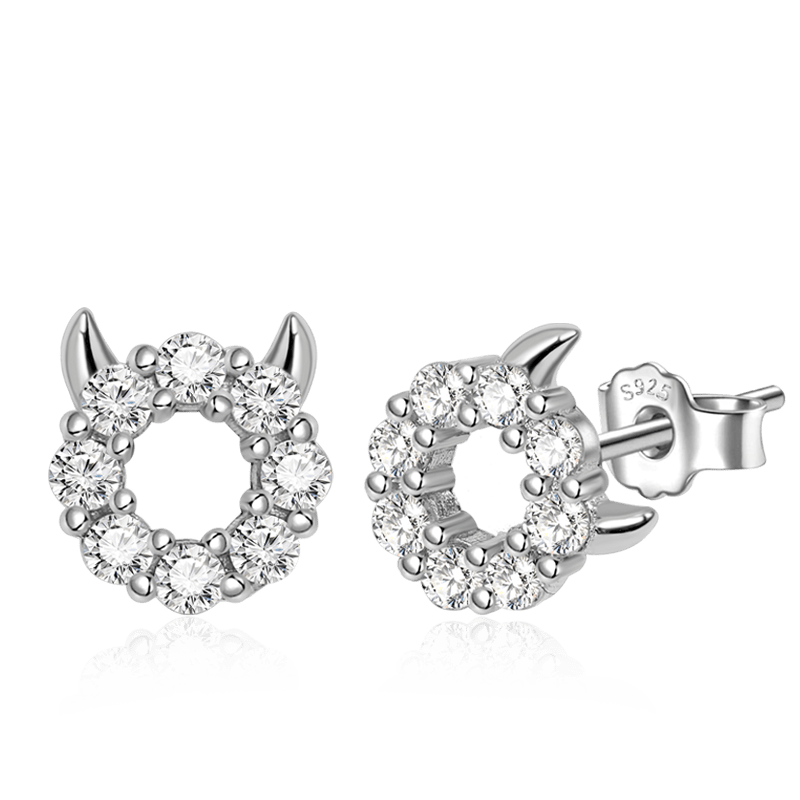 Little Devil Stud Earrings Sterling Silver inlaid with Round Cut White Stones_2