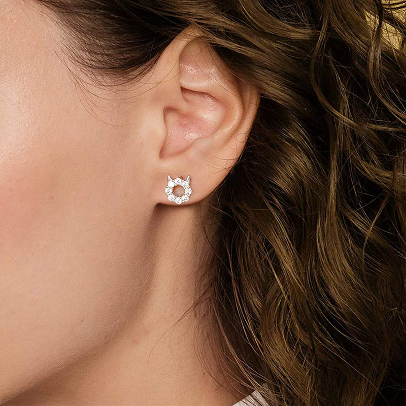 Little Devil Stud Earrings Sterling Silver inlaid with Round Cut White Stones_4