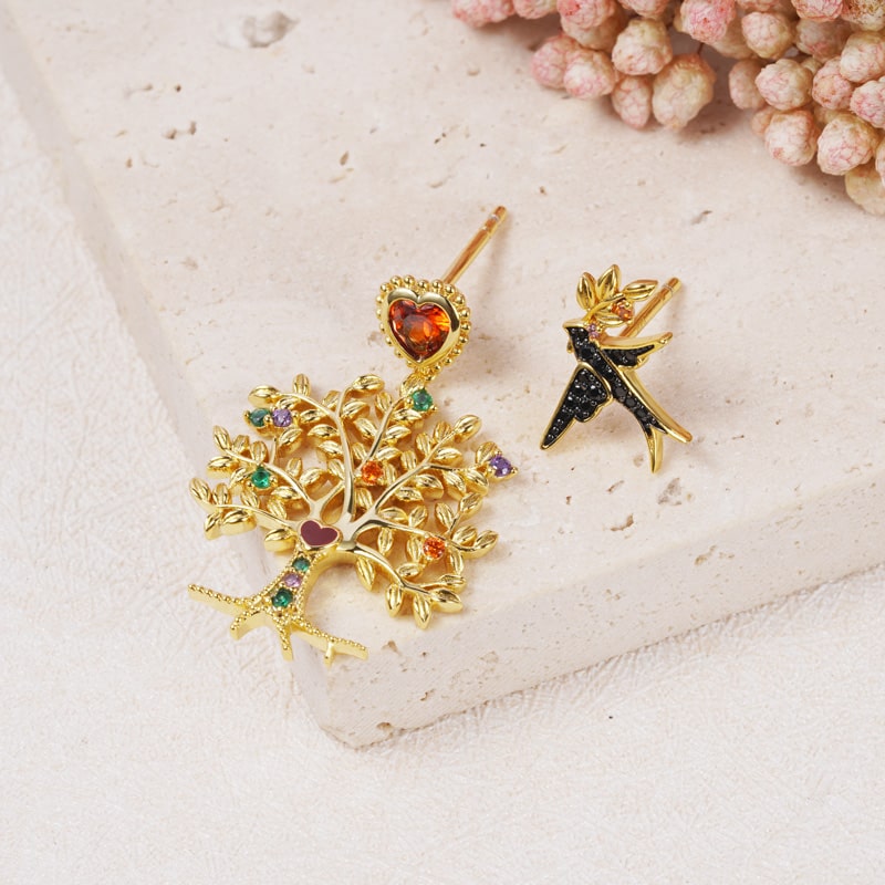 Tree of Life & swallow Ear Studs 925 Sterling Silver 18k Gold Plated inlaid with Stones Mother's Day Gift_2