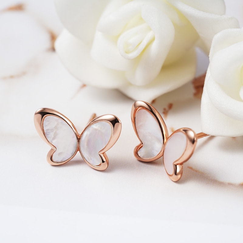 White Fritillary Butterfly Stud Earring with 18k Rose Gold Plated Sterling Silver_2