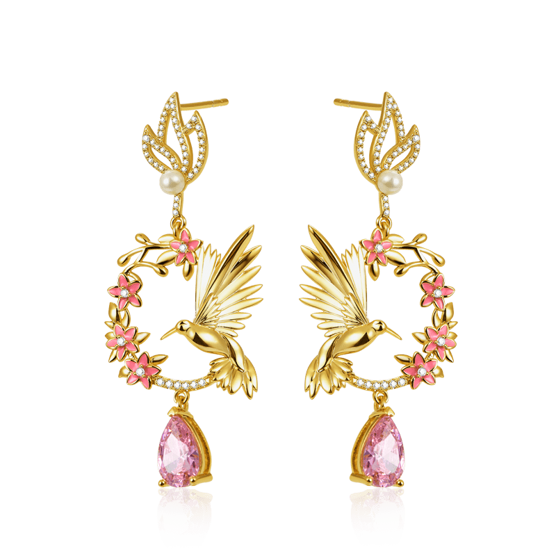 Hummingbird Flower Earrings with 18K Gold Plated Sterling Silver_1