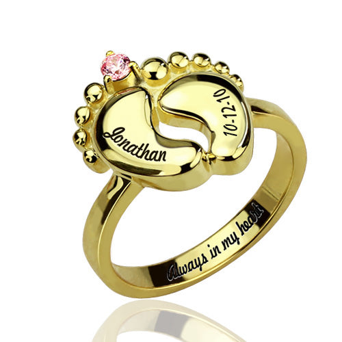 Gnoce "My Baby" Engraved Baby Feet Ring with Birthstone Platinum Plated_2