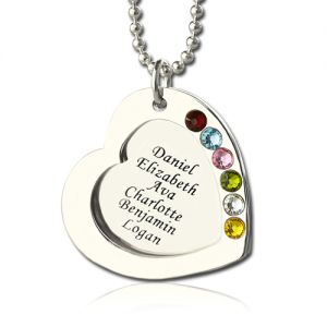 Gnoce "We Are Family" Heart Family Names Necklace With Birthstones Sterling Silver_1
