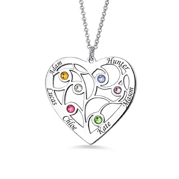 Gnoce "We support you forever" Sterling Silver Heart Family Tree Necklace Engraved with Name& Birthstones_3