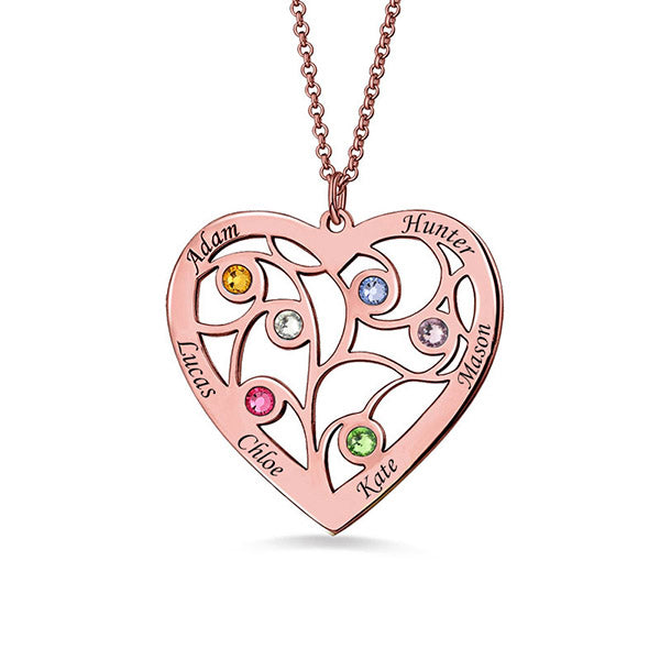 Gnoce "We support you forever" Sterling Silver Heart Family Tree Necklace Engraved with Name& Birthstones_1