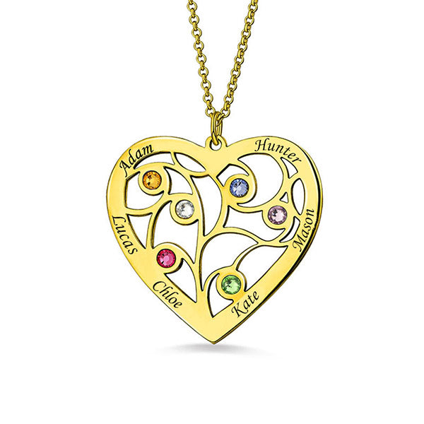 Gnoce "We support you forever" Sterling Silver Heart Family Tree Necklace Engraved with Name& Birthstones_2