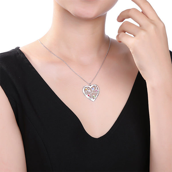 Gnoce "We support you forever" Sterling Silver Heart Family Tree Necklace Engraved with Name& Birthstones_5